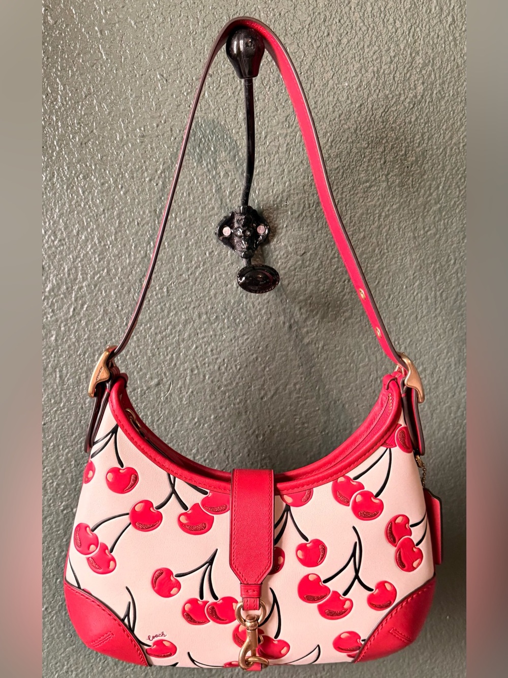 Coach Pink Cherry Print Leather Shoulder Bag with Red Accents